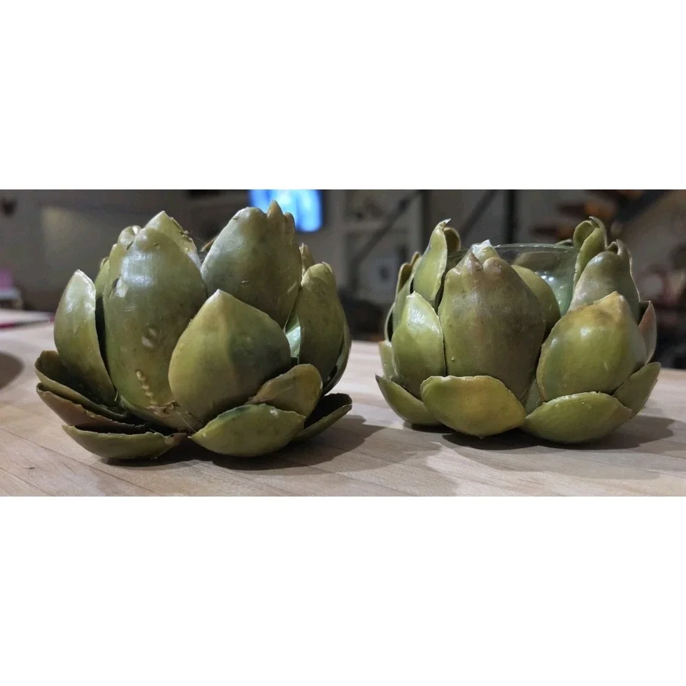 Set of 2 Green‎ Resin Artichoke Candle Holders Vegetable Goblincore Cottagecore